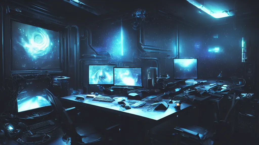 Image similar to a galactic overpowered computer. Overclocking, watercooling, custom computer, cyber, mat black metal, alienware, galactic design, desktop computer, desk, home office, whole room, minimalist, Beautiful dramatic dark moody tones and lighting, space color neon, Ultra realistic details, cinematic atmosphere, studio lighting, shadows, dark background, dimmed lights, industrial architecture, Octane render, realistic 3D, photorealistic rendering, 8K, 4K, Cyborg R.A.T 7, Republic of Gamer, computer setup, highly detailed