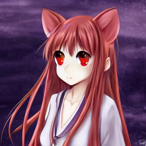 Prompt: Horo from the anime Spice and Wolf, beautiful portrait, Danbooru, anime, HD wallpaper, detailed, digital art