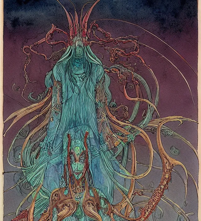 Image similar to a watercolor ink painting of the primordial eldritch goddess of natural - disasters in the style of jean giraud in the style of moebius trending on artstation deviantart pinterest detailed realistic hd 8 k high resolution