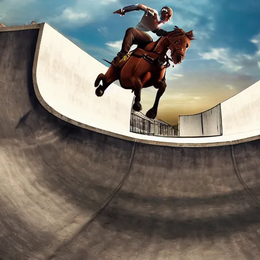 Image similar to roman horse-drawn chariot racer jumping in a skate park half-pipe, video game cover, intense, high detail, crowd cheering, wide lense, style of Tony Hawk