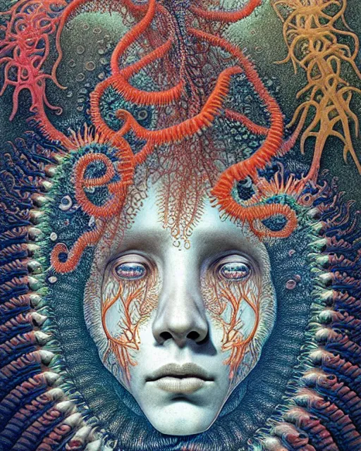 Image similar to realistic detailed underwater face portrait of the beautiful young god of the fish of the fractal waters with an intricate headgear of corals, sea kelp, sea plants, fish, starfish, jellyfish, art by ernst haeckel, zdzisław beksinski, hieronymus bosch, gothic, neo - gothic, ornamental, beautiful deep colours,