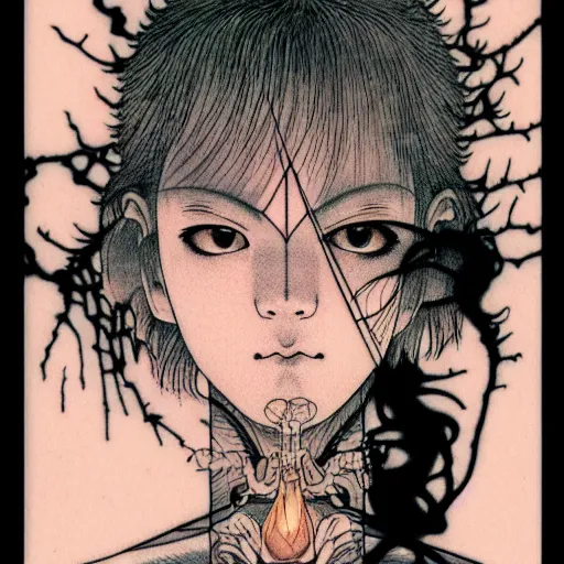 Image similar to prompt: Fragile looking character soft light portrait face drawn by Takato Yamamoto and Katsuhiro Otomo, tattooed face, inspired by Akira 1988 anime, alchemical objects on the side, soft light, intricate detail, intricate gouache painting detail, sharp high detail, manga and anime 2010