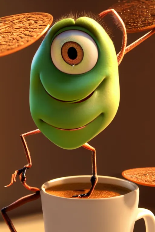Image similar to a fly with big eyes on side of a cup of coffee and a suggar pot. pixar disney 4 k 3 d render movie oscar winning trending on artstation and behance. ratatouille style.