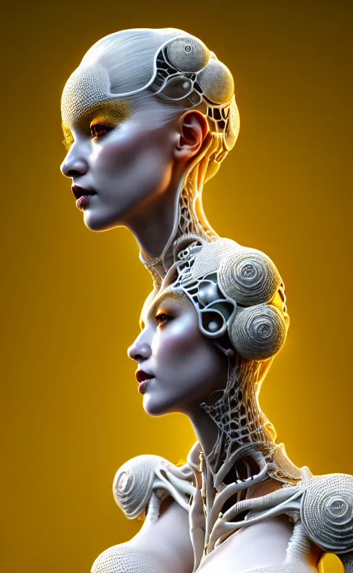 Image similar to intricate hyper detailed ultra sharp 3 d render of a beautiful porcelain seductive woman portrait, medium shot portrait, bright light, alexandre ferra mecha, cyberpunk mechanical haute couture huge white fractal mycelum and fungi, magnolia goliath head ornaments, big embroidered leaves filigree sinuous roots, yellow pistil, octane render, volumetric cinematic lighting, 8 k, vray tracing