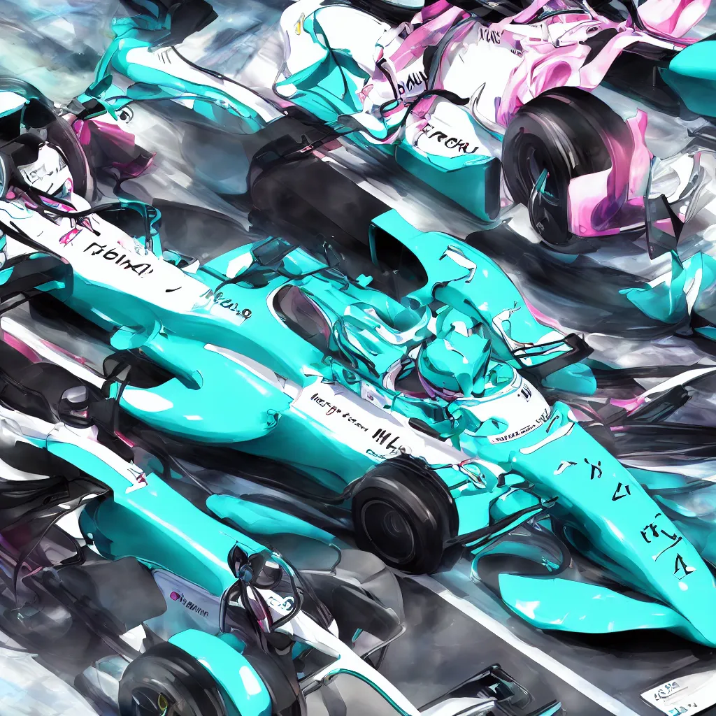 Image similar to hatsune miku driving an f 1 racecar photorealistic high resolution