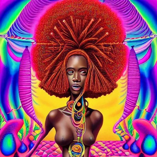 Prompt: a regal and fearsome african queen with a colorful afro sitting in a cabana near a large steampunk pyramid near a pink river with a large glowing baobab tree, by amanda sage and alex grey and evgeni gordiets in a surreal psychedelic style, oil on canvas 8k, hd