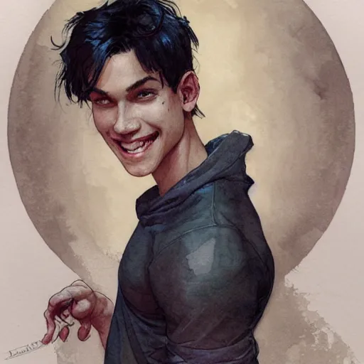 Image similar to young boy, black hair, confident smile, muscular, gorgeous, amazing, delicate, elegant, intricate, highly detailed, watercolor, portrait, artstation, concept art, sharp focus, illustration, art by artherm and greg rutkowski and alphonse mucha