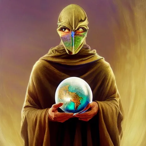 Image similar to masked nomad male wearing a cloak and holding a holographic planet projection in his hand, detailed, sci - fi, digital painting, artstation, sharp focus, illustration, ominous, artgerm, tomasz alen kopera, peter mohrbacher, donato giancola, joseph christian leyendecker, wlop, frank frazetta