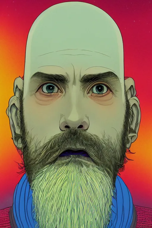 Image similar to a colorful closeup portrait of a young bald man with a very long wild beard dreaming psychedelic hallucinations in the vast icy landscape of antarctica, by kawase hasui, moebius and edward hopper, colorful flat surreal design, hd, 8 k, artstation