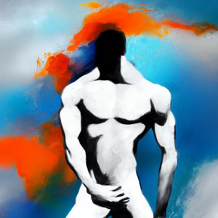 Image similar to abstract, a thin, athletic physique man's body made of abstract, thick flowing dramatic brush strokes, no face, strong wind, white background, matte colors, impressionist, extreme motion, trending on artstation