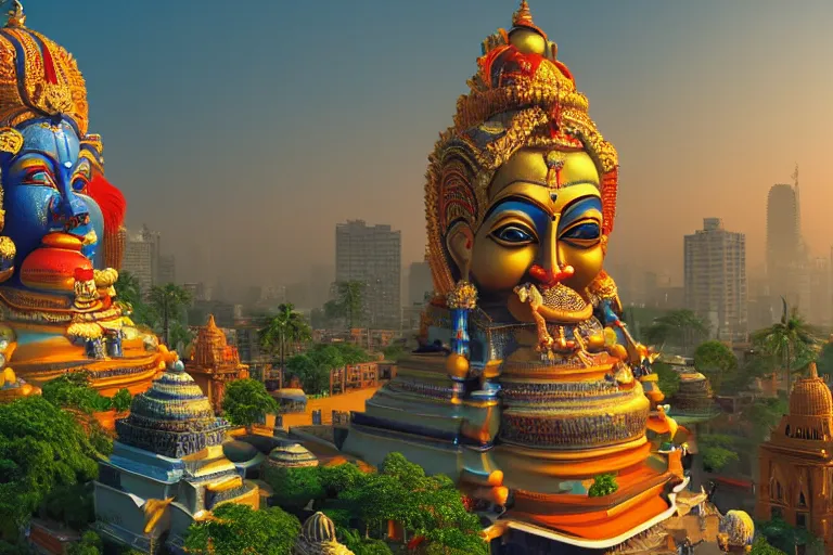 Image similar to high quality 3 d dreamscape! mumbai with biomorphic hanuman!! head building, kalighat highly detailed, unreal engine cinematic smooth, stephen shore & john j. park, soft morning light, wide shot, high angle, uhd 8 k, deep focus