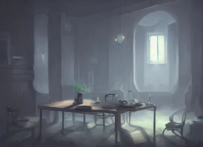 Image similar to dark liminal room, lemon sits idly on a centered table, eerie atmosphere, dark dramatic lighting, trending on artstation