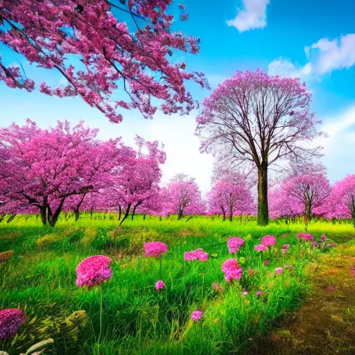 Image similar to a flower meadow with blooming trees, beautiful landscape