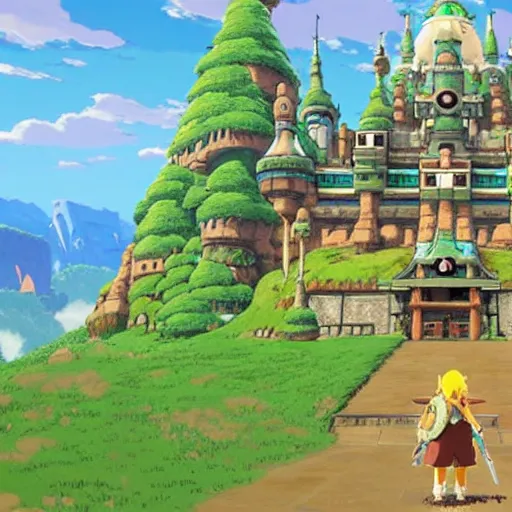 Prompt: studio ghibli themed breath of the wild Hyrule castle, without Link