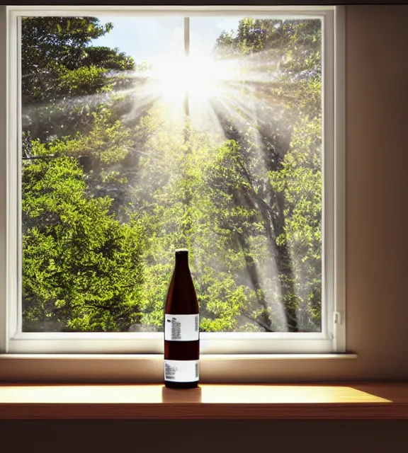 Image similar to a 4 k photorealistic photo of a bottle on a desk infront of a window. good reflections, sunny with sunbeams.