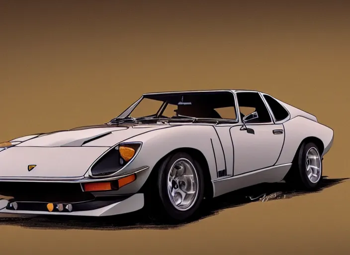 Image similar to a blending, amalgamation and detailed combination of a lamborghini countach, datsun 2 6 0 z and a jaguar e - type, concept art, round headlights, 8 k, highly detailed, trending on art station