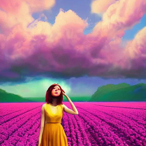 Image similar to giant dahlia flower head, full body girl standing in a flower field, surreal photography, sunrise, dramatic light, impressionist painting, colorful clouds, digital painting, artstation, simon stalenhag