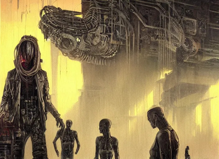 Image similar to highly detailed concept art of neuromancer characters, dystopian post - apocalyptic retrofuturistic vibe, an ultrafine detailed painting by art by hans giger and wayne barlowe, trending on deviantart, pop surrealism, whimsical, lowbrow, perfect symmetrical face, sharp focus, octane, masterpiece