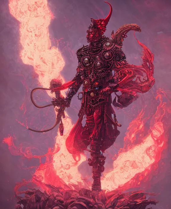 Image similar to a detailed character concept of a steampunk crystalline dark lord wreathed in red smoke by Moebius and Peter Mohrbacher, 4k resolution, photorealistic