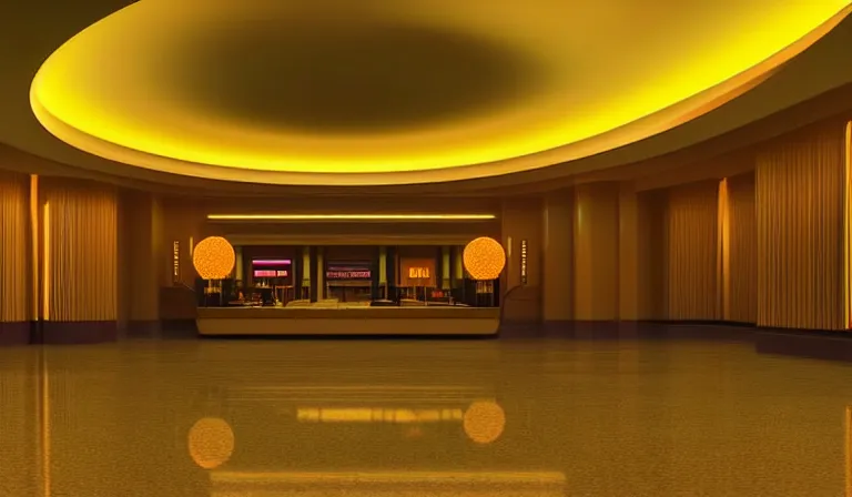 Image similar to a beautiful, sharp focus, clean lines. the interior of a vast 1 9 7 0 s luxury disco hotel lobby. vaporwave ombre rendering. outrun style. trending on artstation. recommended for you behance. wes anderson colors. by chris moore. by edward hopper. ambient occlusion. digital matte painting. metropolis filmic. gotham city.