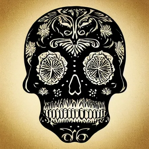 Prompt: “ sugar skull woodcut by mc escher and hp lovecraft ”