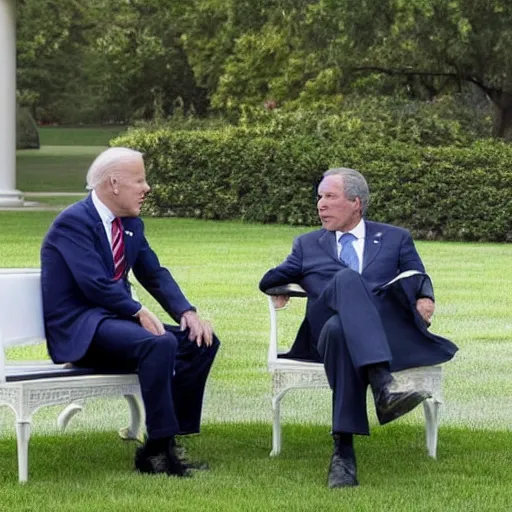 Prompt: Joe Biden and George W. Bush converse on the White House Lawn. 2022. AP Photo