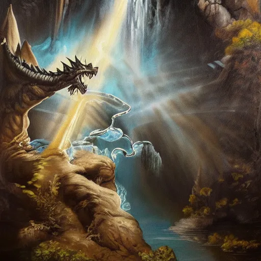 Image similar to oil painting of a dragon flying in the air near a cave with a waterfall in the center, light emanating from the waterfall leading to a big pool of water, dragon has black and white siberian tiger stripes, elegant, sharp focus, wide shot, clear, detailed, early renaissance