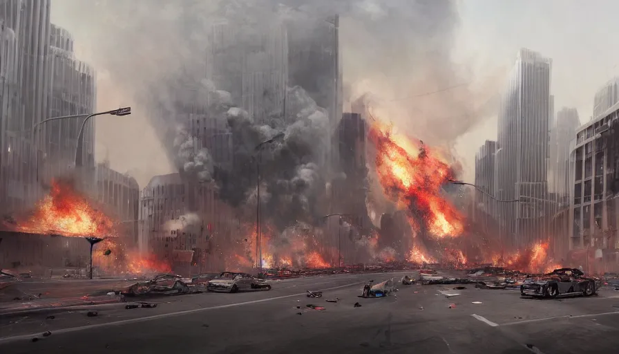 Prompt: Los Angeles on chaos with riots in the streets, burning cars with ashes, smoke columns, burning buildings, police cars, helicopters, dust, hyperdetailed, artstation, cgsociety, 8k