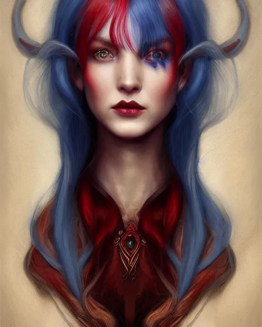 Prompt: A detailed matte oil on canvas head on symmetrical portrait of a beautiful distinguished elven woman with red and blue hair on an empty background, by Charlie bowater, Wlop, trending on artstationhd, dungeons and dragons art, half & half hair dye, parted, half blue, half red , split dye, critical role