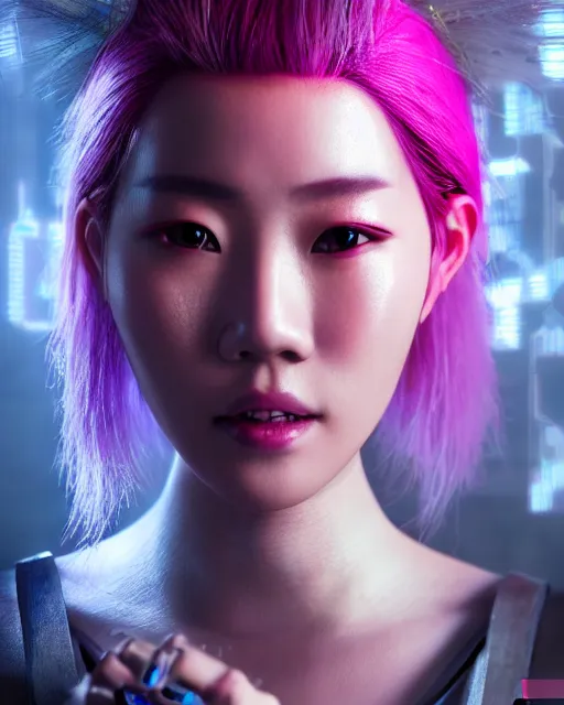 Image similar to portrait of a beautiful asian woman with pink hair as a cyberpunk cyborg half robot, sci - fi, missing panels, intricate abstract upper body intricate artwork, concept art, octane render, deviantart, cinematic, key art, hyperrealism, iridescent accents, portrait photograph, nikon 3 5 mm, photograph by greg rutkowski