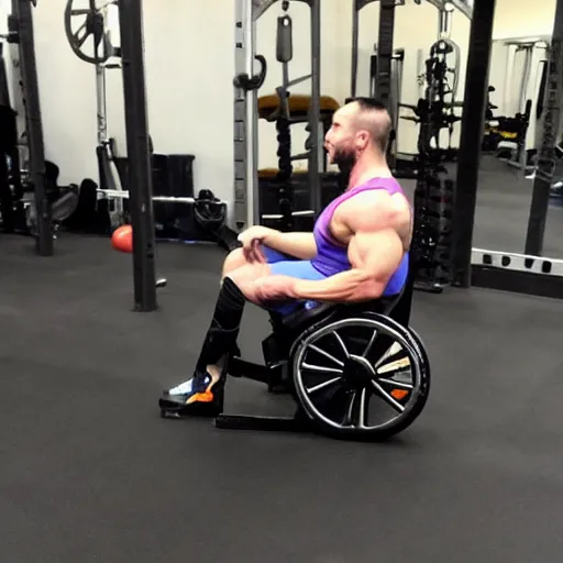 Image similar to pablo echenique robba as a bodybuilder in a gym lifting weights sitting in his wheelchair