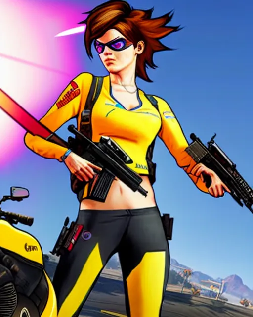 Image similar to gta 5, grand theft auto 5 cover art of tracer from overwatch