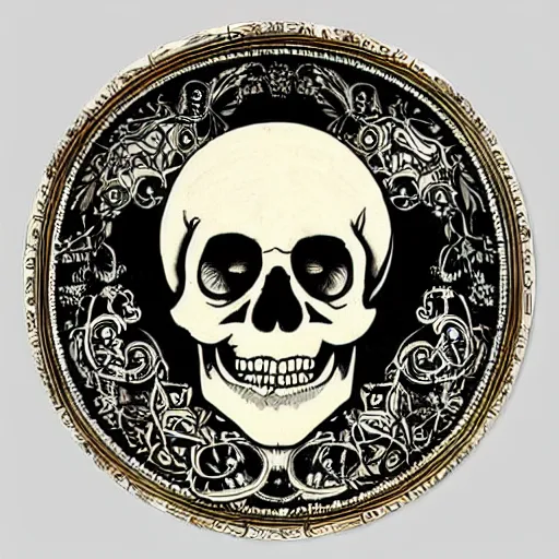 Image similar to skull in the center of a decorative art nouveau round frame, in the style of Mucha,