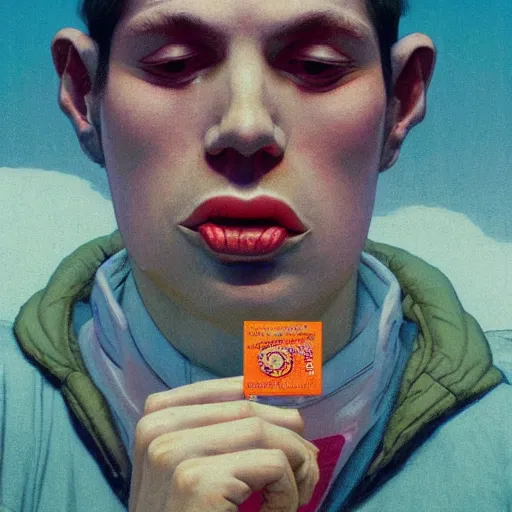 Image similar to a scifi closeup portrait of a young british man licking a blotter paper of LSD acid on his tongue and dreaming psychedelic hallucinations in cosmos, by kawase hasui, moebius, Edward Hopper and James Gilleard, Zdzislaw Beksinski, Steven Outram colorful flat surreal design, hd, 8k, artstation