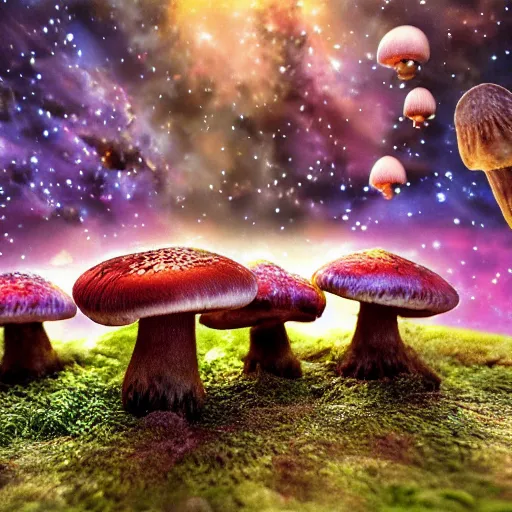 Image similar to ultra realistic hdr photo of mushrooms growing on an ancient alternative exotic alien planet in a galaxy far far away