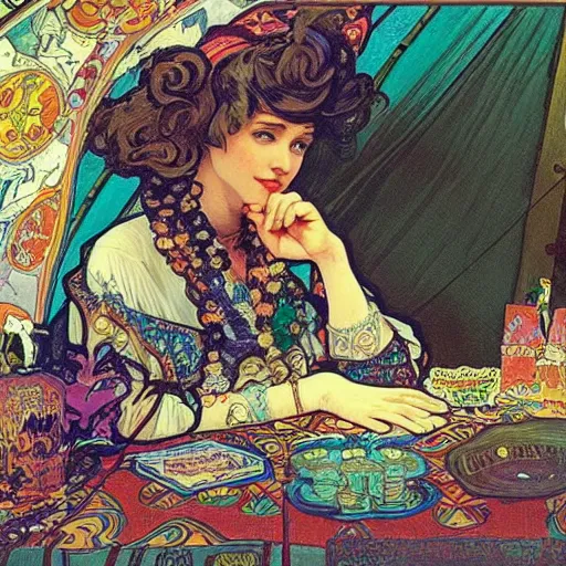 Image similar to Caucasian fortune teller lady with curly hair, a spread of tarot cards on a table, cats on her side, in a colorful tent, Alphonse Mucha poster ,