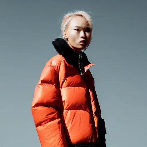 Image similar to realistic photoshooting for a new balenciaga lookbook, color film photography, portrait of a blonde asian woman, model wearing a puffer jacket, photo in style of tyler mitchell, 3 5 mm,