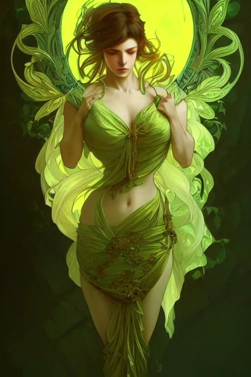 Image similar to greenyellowwhite, dark fantasy, intricate, elegant, highly detailed, digital painting, artstation, concept art, matte, sharp focus, illustration, art by artgerm and alphonse mucha