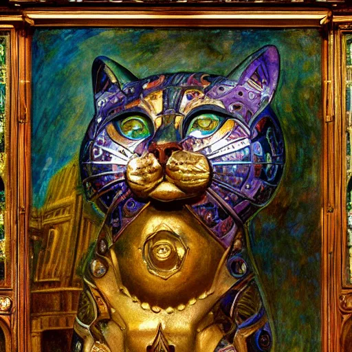 Image similar to masterpiece sculpture of an ornate bejeweled mechanical cat head, by annie swynnerton and diego rivera and nicholas roerich and jean delville, symbolist, dramatic lighting, god rays, elaborate geometric ornament, art brut, rich colors, smooth, sharp focus, extremely detailed, adolf wolfli and ( donato giancola )