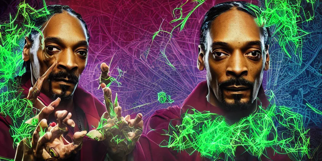 Image similar to snoop dogg doctor strange, marijuana, marijuana leaves, green light, highly detailed, cinematic by francis tneh, marvel cinematic universe, mcu, photo