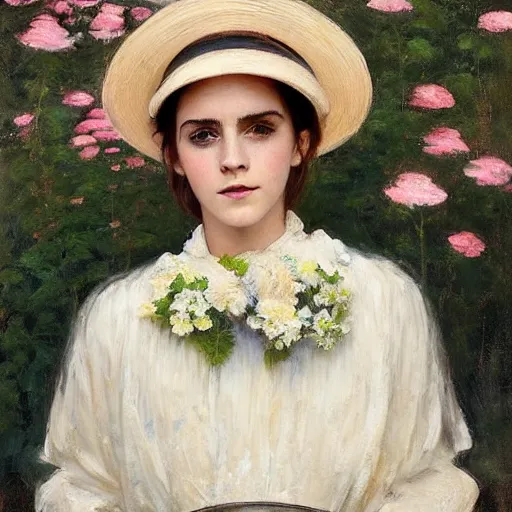 Image similar to happy very thick paint brush strokes paint texture full body fashion model emma watson by Jeremy Lipking by Hasui Kawase by Richard Schmid (((smokey eyes makeup eye shadow fantasy, glow, shimmer as victorian woman in a long white frilly lace dress and a large white hat having tea in a sunroom filled with flowers, roses and lush fern flowers ,intricate, night, highly detailed, dramatic lighting))) , high quality