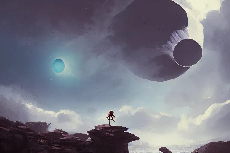 Image similar to giant white daisy flower as face, girl jumping on cliff, surreal photography, solar eclipse, milky way, dramatic light, impressionist painting, clouds, digital painting, artstation, james gilleard, liam wong, jeremy mann, simon stalenhag