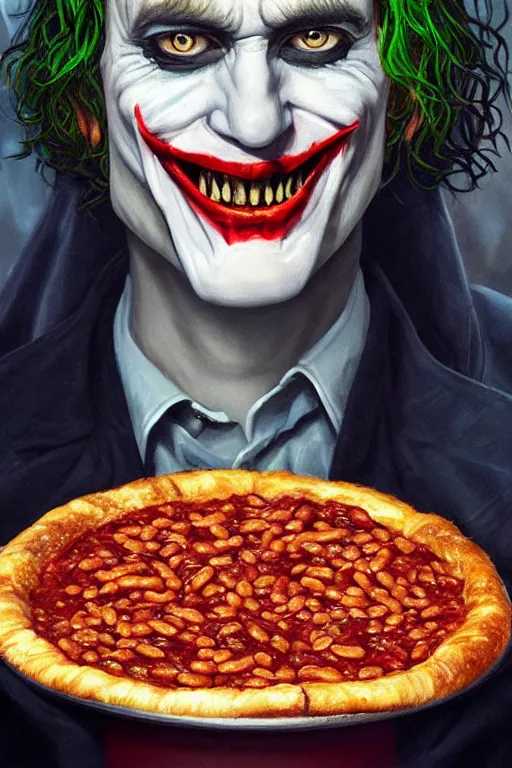 Image similar to a full body high detail fantasy portrait oil painting illustration of the joker eating baked beans and pizza by justin sweet with face and body clearly visible, in a scenic background, pretty eyes, realistic proportions, d & d, rpg, forgotten realms, artstation trending, high quality, sombre mood, artstation trending, muted colours, entire person visible!