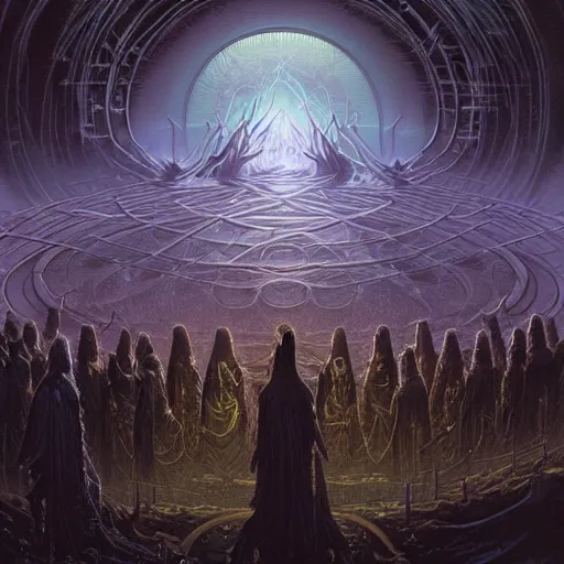 Image similar to a quantum computer surrounded by a dark cabal of multiple hooded elven mystics in long dark robes gathered in a circular formation, dan seagrave art, michael whelan, artstation, cgsociety, epic scifi fantasy art