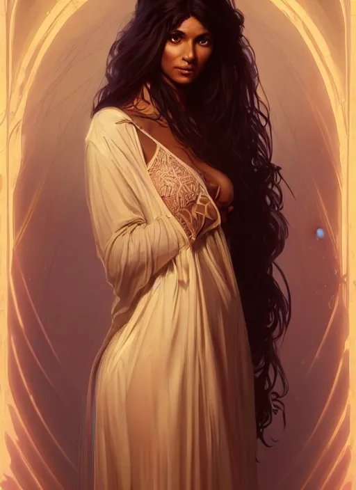 Image similar to cute brown woman wearing a transparent night gown, fantasy, intricate, highly detailed, digital painting, artstation, concept art, wallpaper, smooth, sharp focus, illustration, art by artgerm and greg rutkowski and alphonse mucha