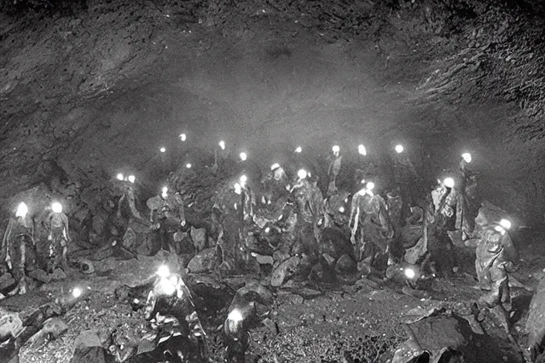 Image similar to miners in a dark cave discovers an alien egg, low quality shot, eerie, bizarre