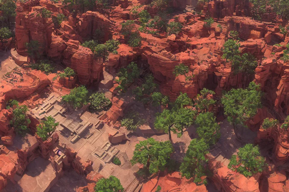 Image similar to aerial view, beautiful temple complex of sandstone and jade, built in red rock canyon, a fusion of star wars and gothic revival architecture, natural volumetric lighting, realistic high detail 4k render