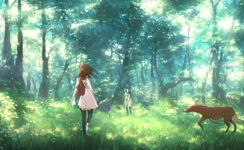 Image similar to An anime girl walking through a forest, surrounded by animals, anime scene by Makoto Shinkai, beautiful digital art