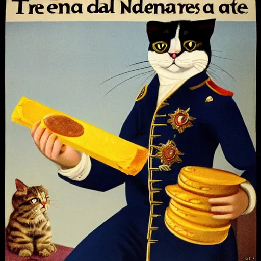 Image similar to a propaganda poster depicting a cat dressed as French emperor Napoleon holding a piece of cheese