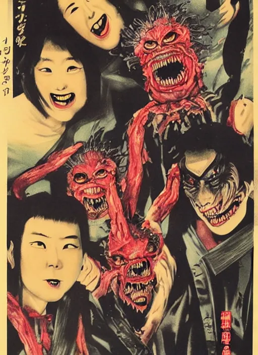 Image similar to vintage japanese movie poster with mutated nightmarish creatures, from a 1 9 8 0 s japanese horror movie